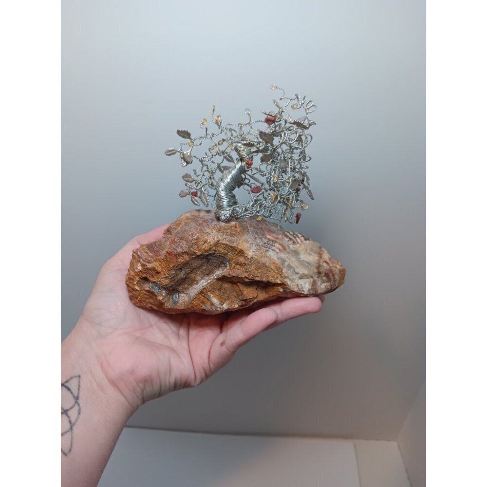 Handmade Wire Tree Art Sculpture Miniature Rock Orange Citrine? Quartz?